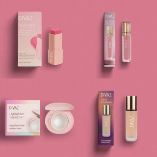 DIVAZ makeup: blush stick, lip gloss, highlighter and liquid foundation
